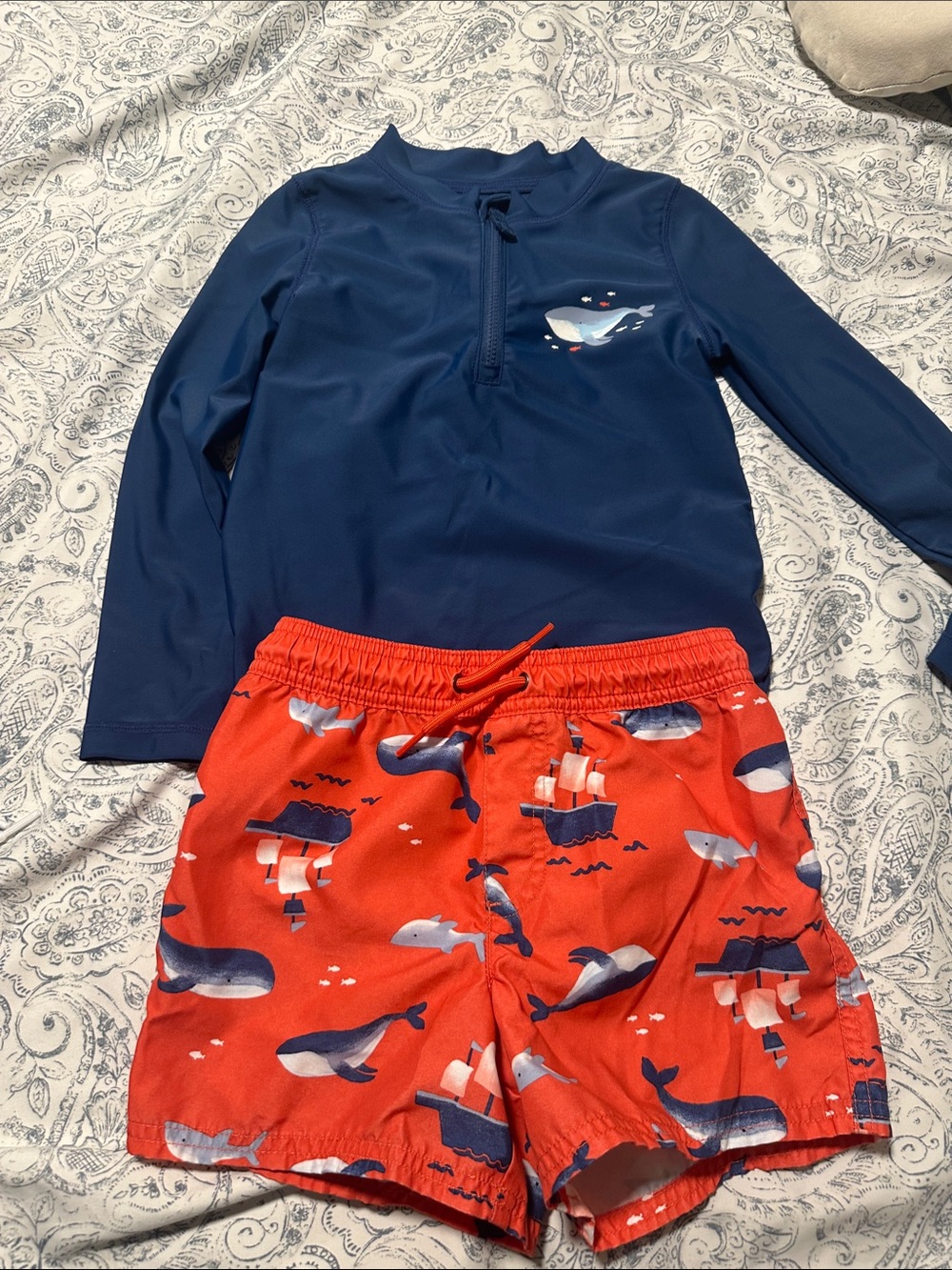 Carter's Navy Long-Sleeve Rash Guard with Red Whale Print Swim Shorts